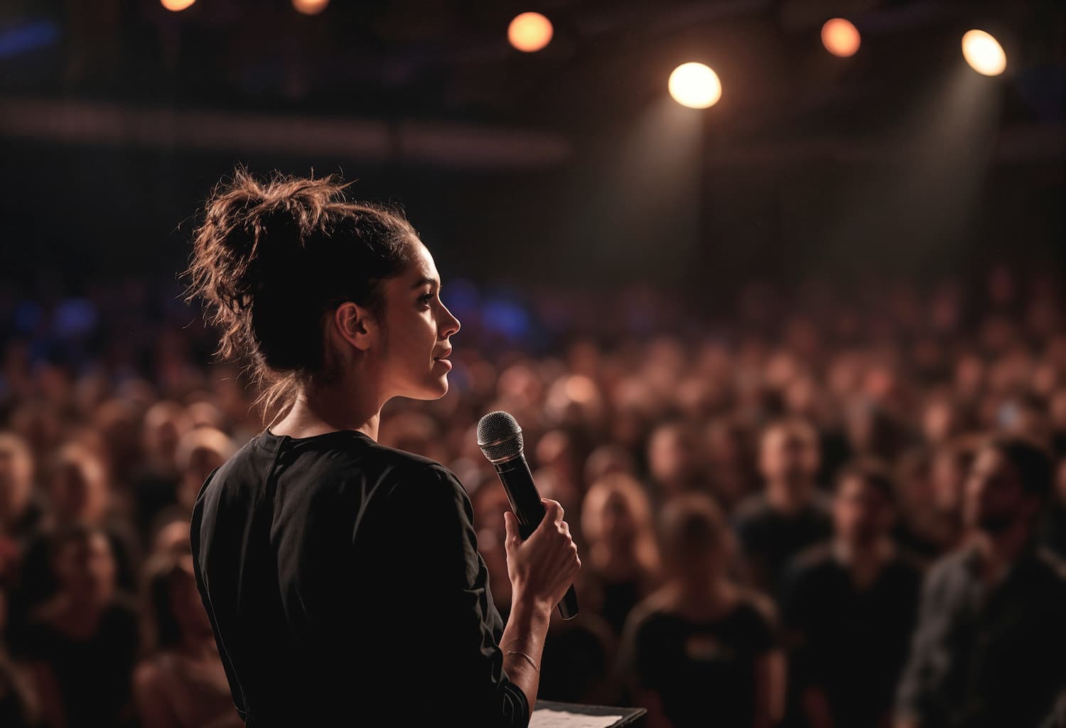 femme-discours Femme portant un discours devant une assemblée